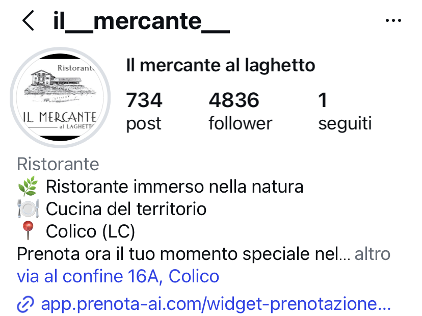Bio Instagram Il Mercante dopo, link diretto al widget di prenotazione